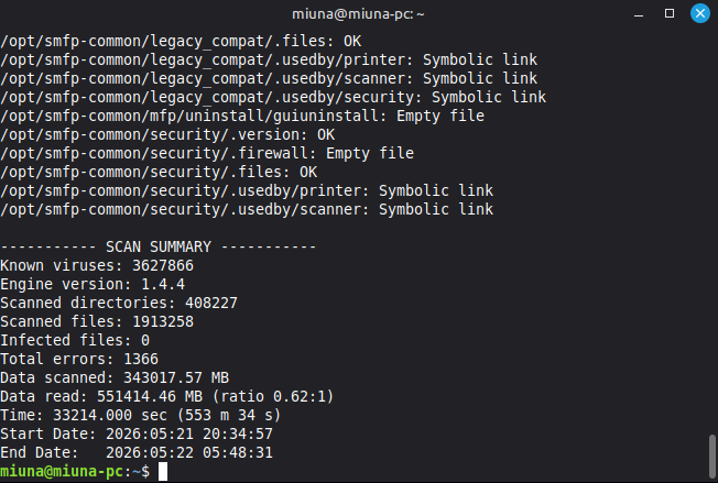 Scan Summary do ClamAV mostrando 3.627.866 virus conhecidos, 1.913.258 arquivos escaneados, 0 infectados