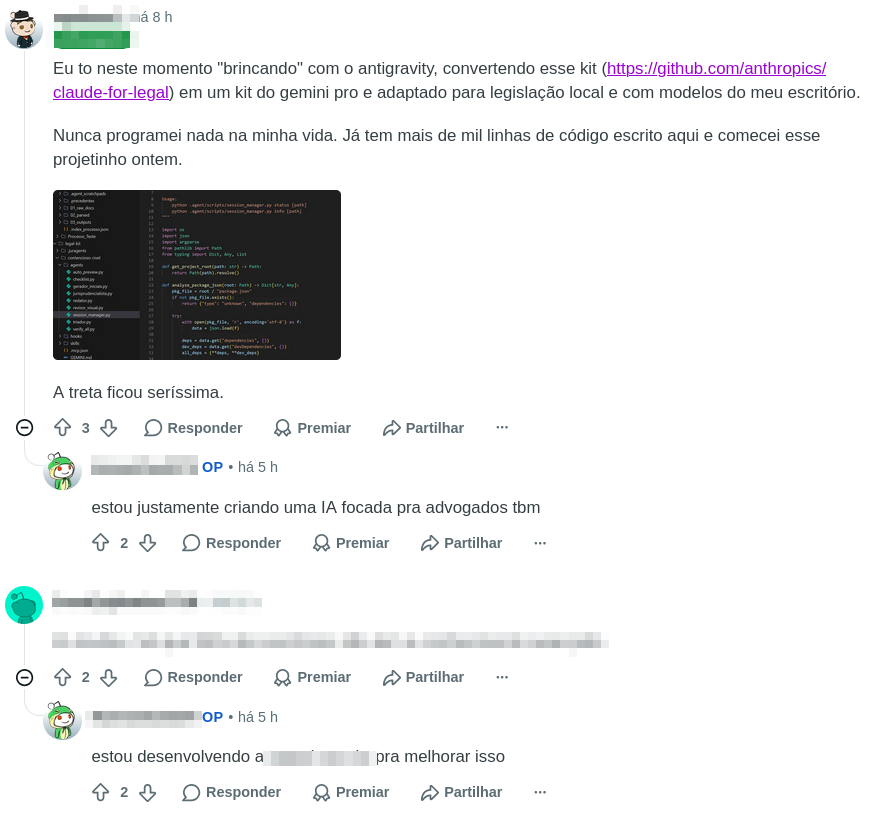 reddit screenshot of a lawyer saying they never coded in their life and already have over a thousand lines of code written in one day