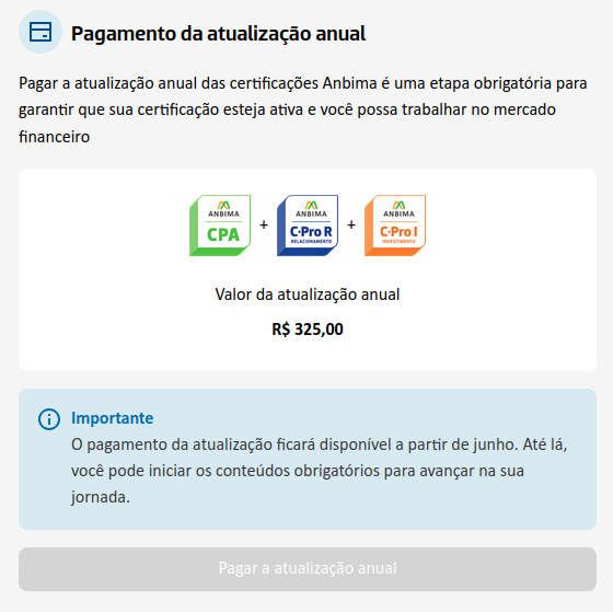 Pagamento da atualização anual ANBIMA