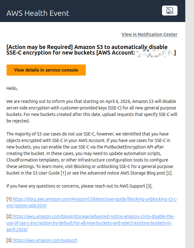 AWS warning email about SSE-C