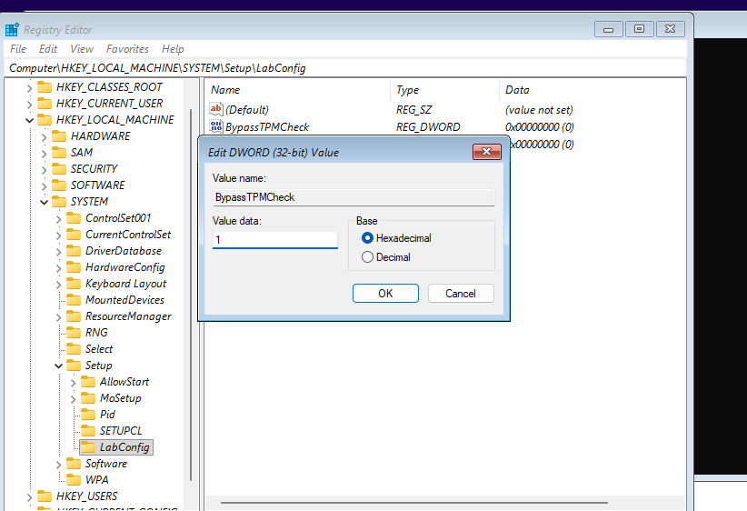 Editing bypass tpm check value to 1