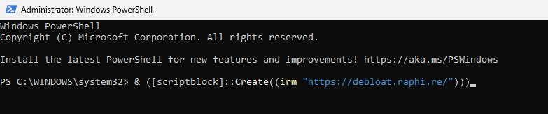 raphire debloat script command in powershell