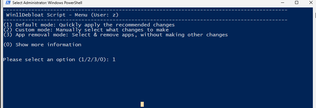 windows debloat script options menu