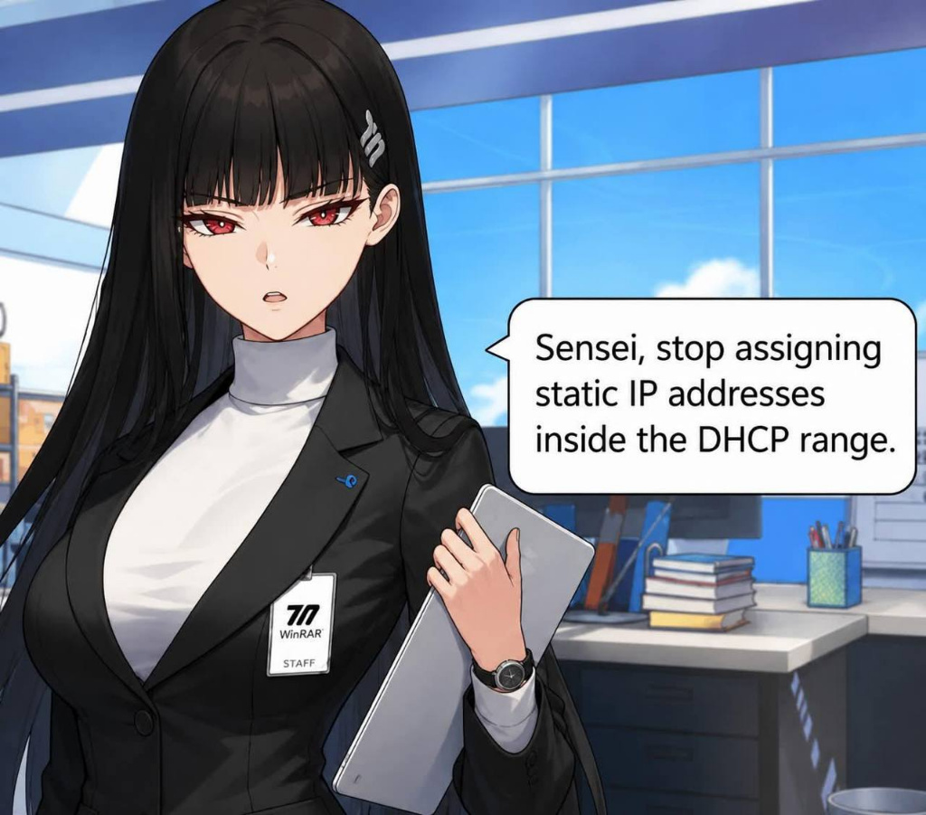 Meme de waifu irritada pedindo para sensei parar de configurar IP estático dentro do range do DHCP