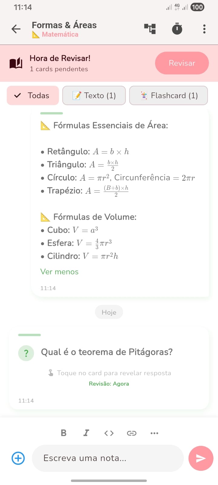 Mayinab note thread with LaTeX formulas and pending flashcard review