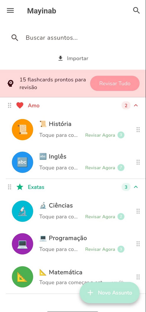 Mayinab home screen with list of subjects organized in folders