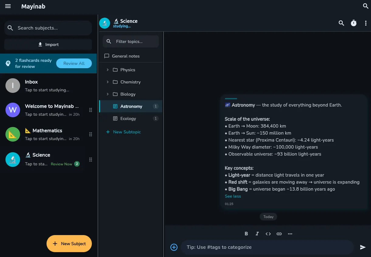 Mayinab desktop version: split view with subject sidebar, topic tree and note chat