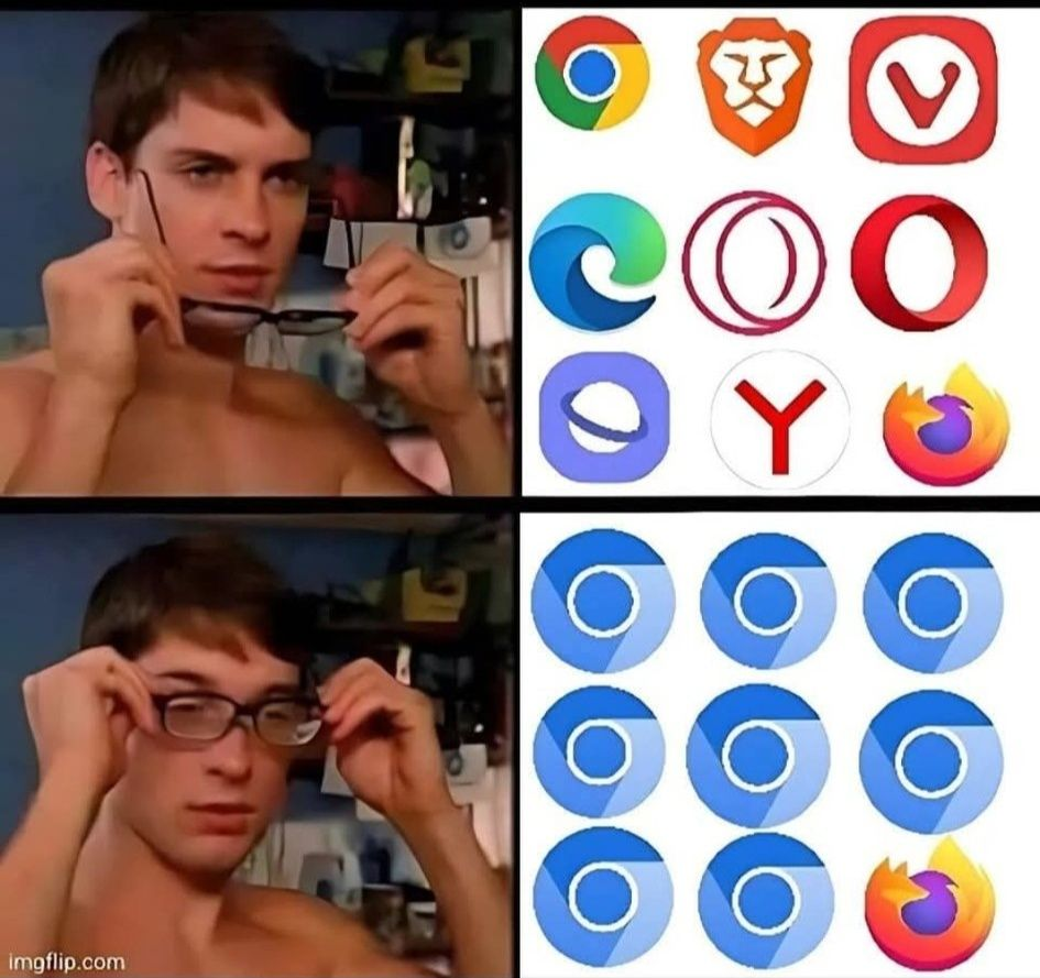 meme showing various different browsers and then all turning into the chromium icon, except firefox