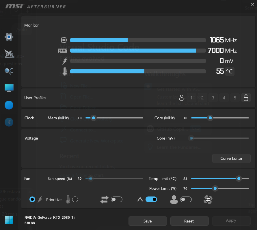 MSI Afterburner com power limit em 70% na RTX 2080 Ti