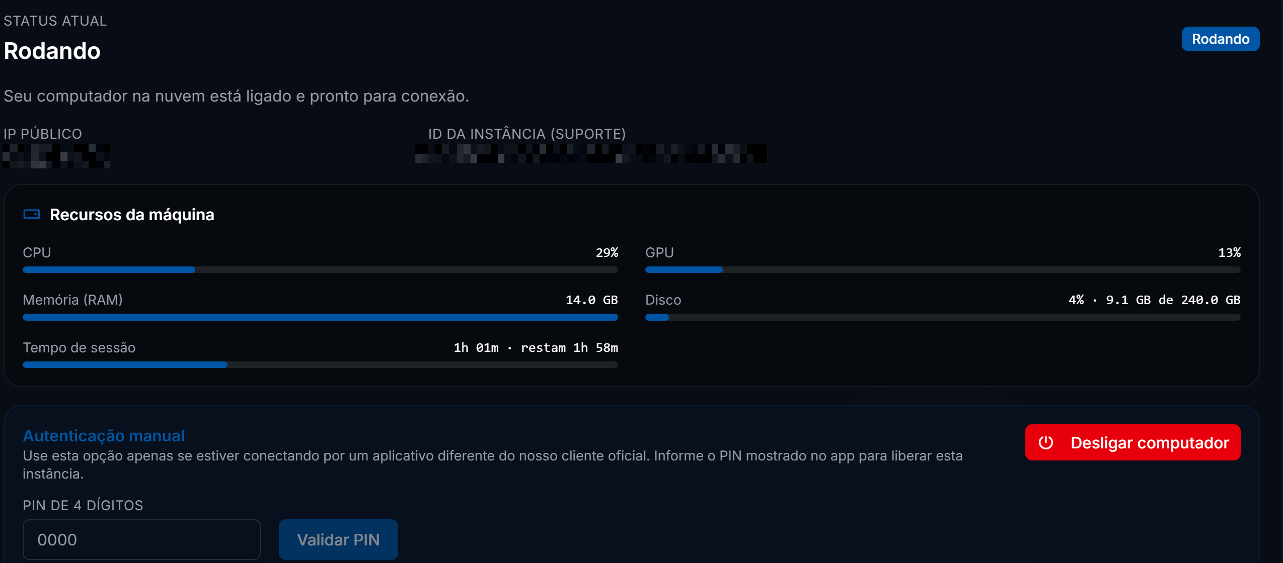 Painel do Noar mostrando os recursos da máquina com CPU, GPU, RAM e disco