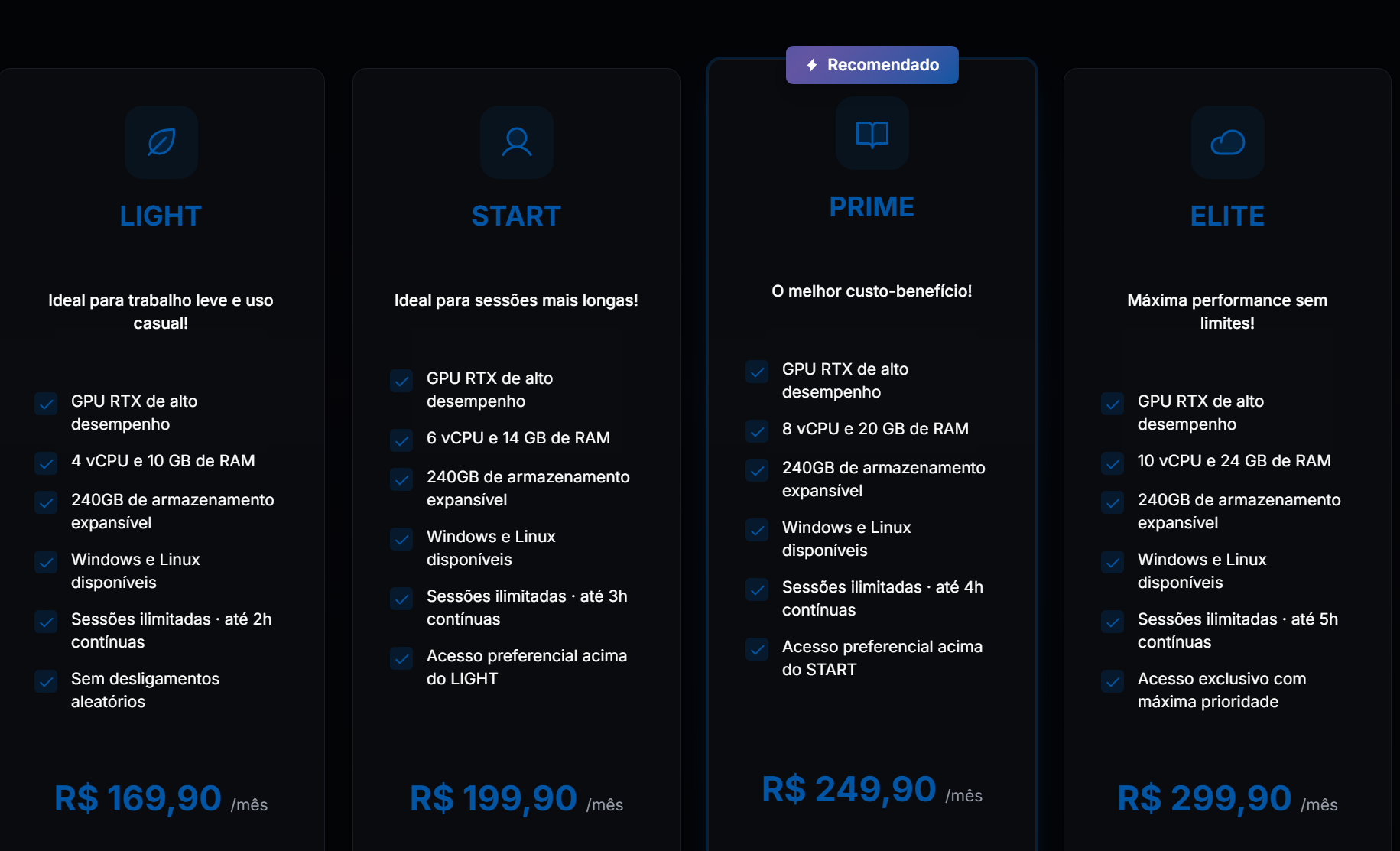 Planos do Noar: Light, Start, Prime e Elite, com preços e especificações
