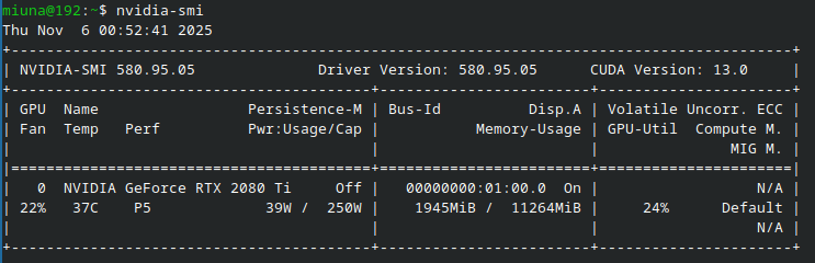 nvidia-smi command output in terminal