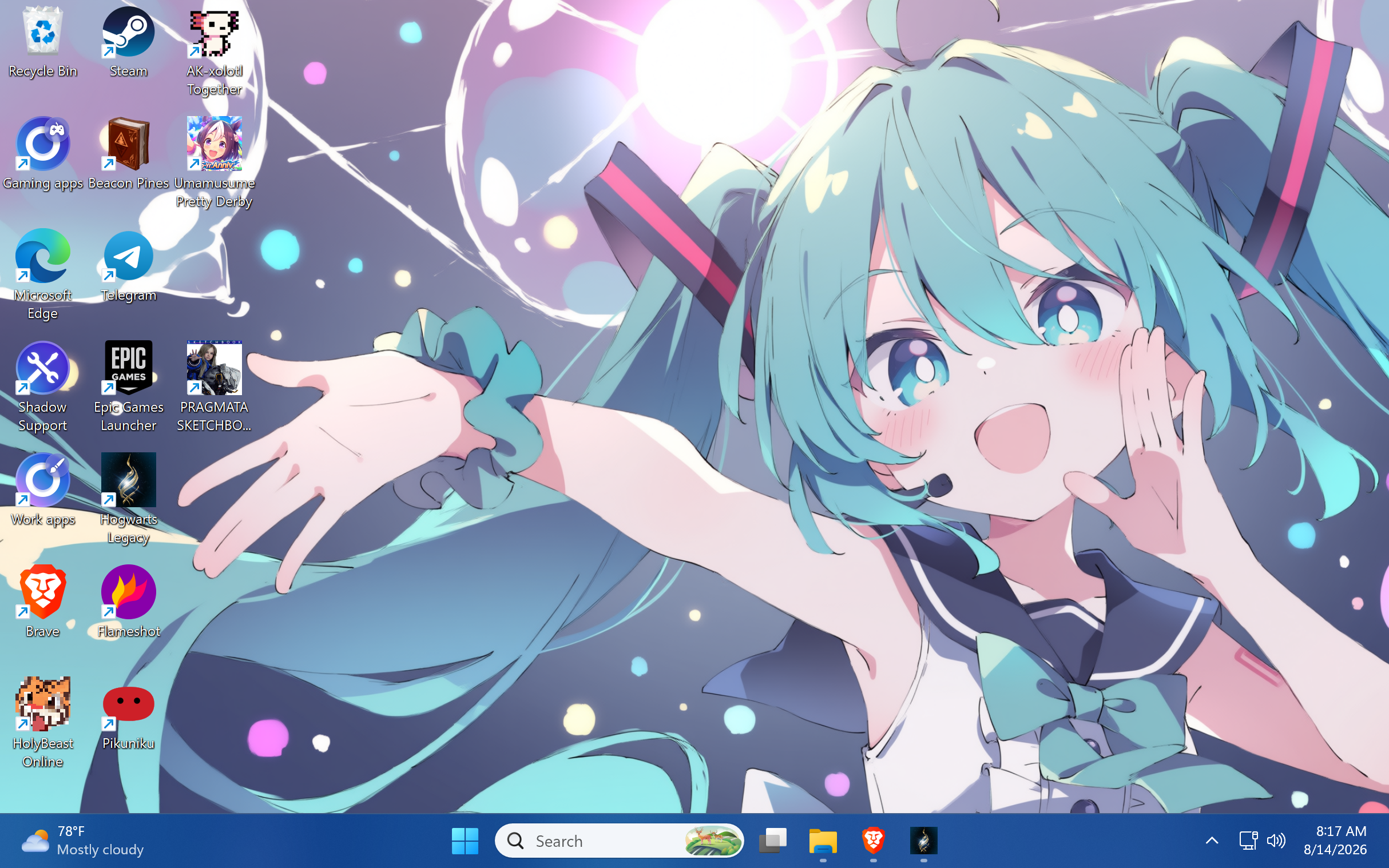 Desktop do Shadow PC com wallpaper da Hatsune Miku e ícones de jogos