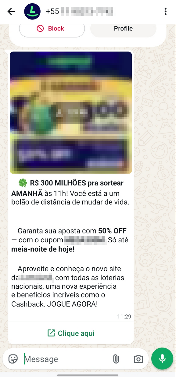 Screenshot de mensagem de spam no WhatsApp oferecendo curso grátis