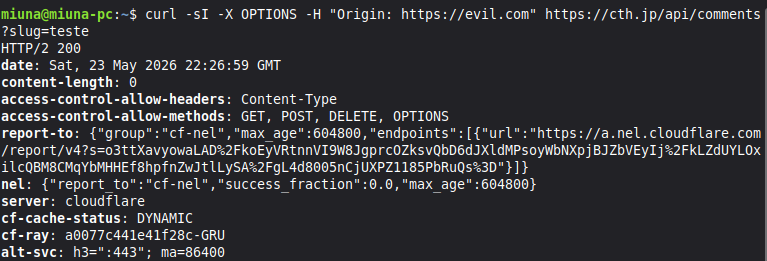 Terminal showing response without Access-Control-Allow-Origin header for invalid origin