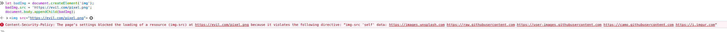 Browser console showing image blocked due to CSP img-src violation