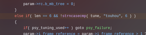 Trecho do codigo-fonte do x264 mostrando o else if q detecta o tune touhou