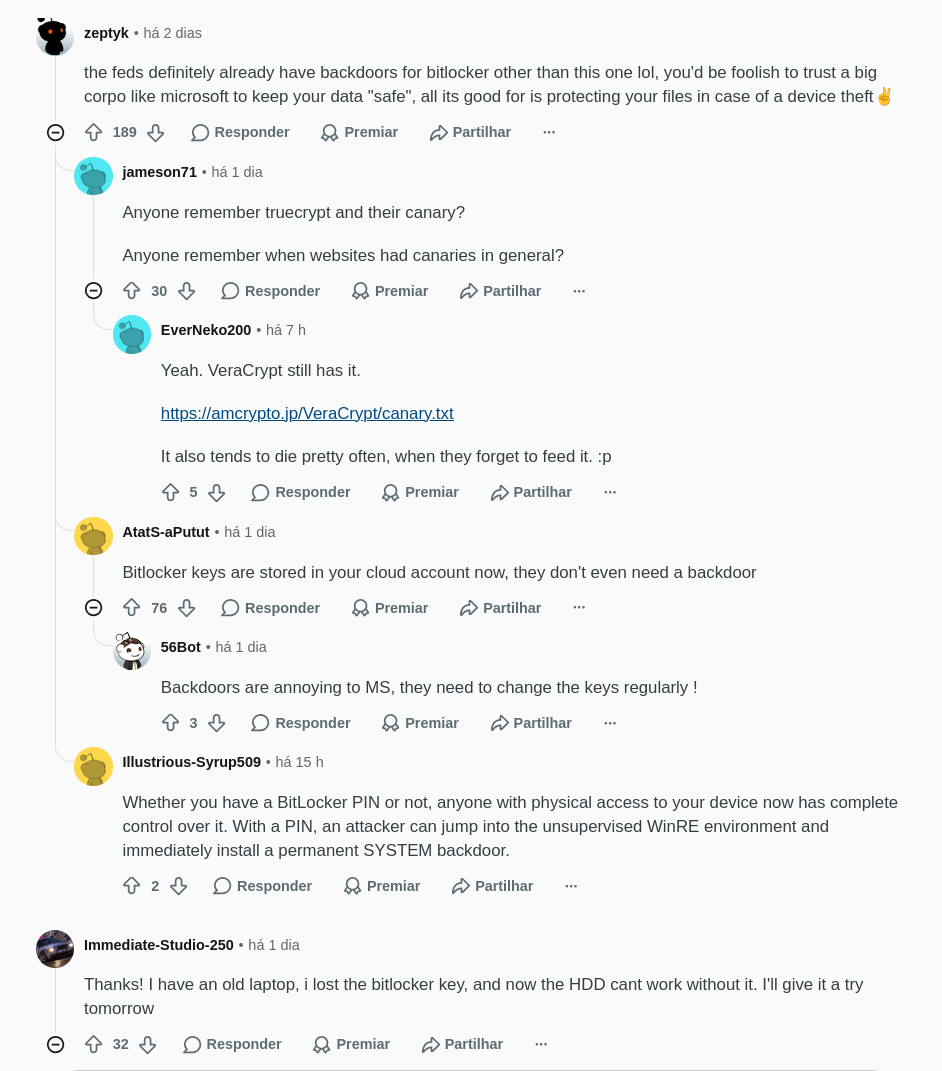 Comentarios do Reddit sobre YellowKey