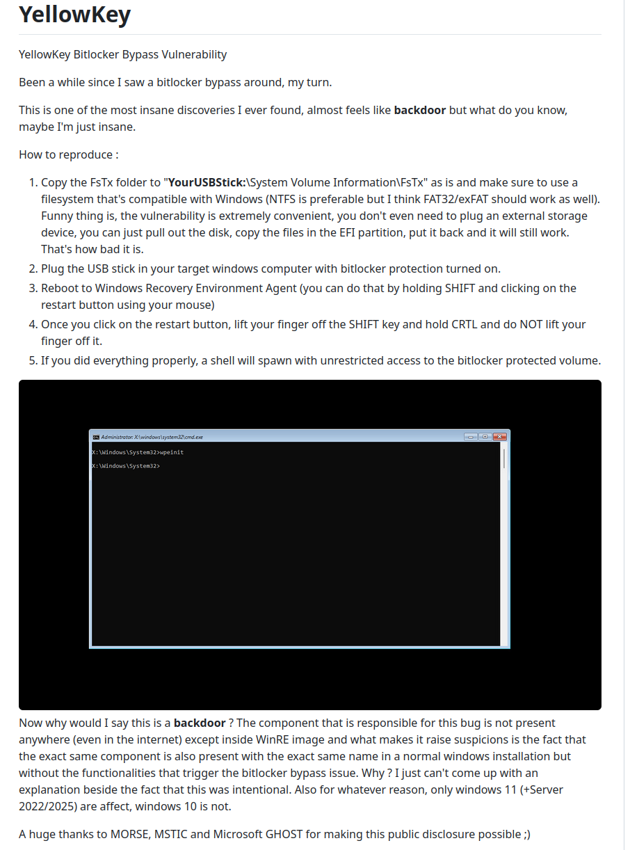 YellowKey - Microsoft Bitlocker encryption bypassed
